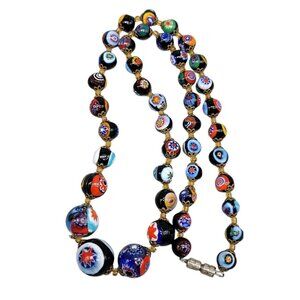 Handpainted Millefiori Pearl Necklace 23" Graduated Sizes Iconic Italian Design